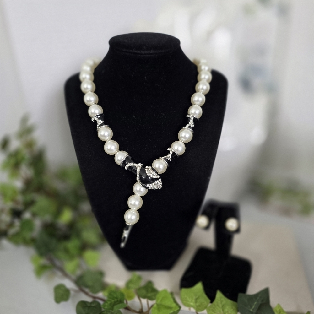 Statement Snake Pearl Necklace and Earrings Set